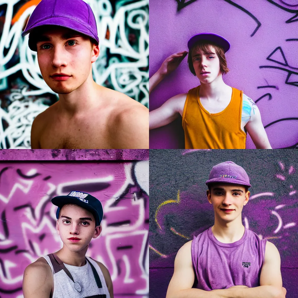 Prompt: portrait of a cute boy ( university student ) with light freckles wearing a violet velour basecap and tanktop, looking shyly into the camera for a cover of a gay print magazine, f 1. 4, award winning photograph, experimental lighting, soft focus, city + graffiti background