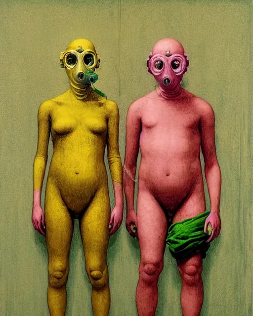 Prompt: Two figures wearing gas masks draped in silky gold, pink and green, in a decayed hospital room, in the style of Francis Bacon, Esao Andrews, Zdzisław Beksiński, Edward Hopper, surrealism, art by Takato Yamamoto and James Jean