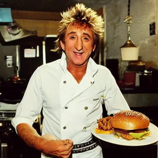 Image similar to rod steward is frying burgers, 1 9 8 0 s diner, dirty dishes, greasy food, impatient customers, rod stewart is wearing a stained apron, smiling at camera, white paper cap, he's sweating, photo