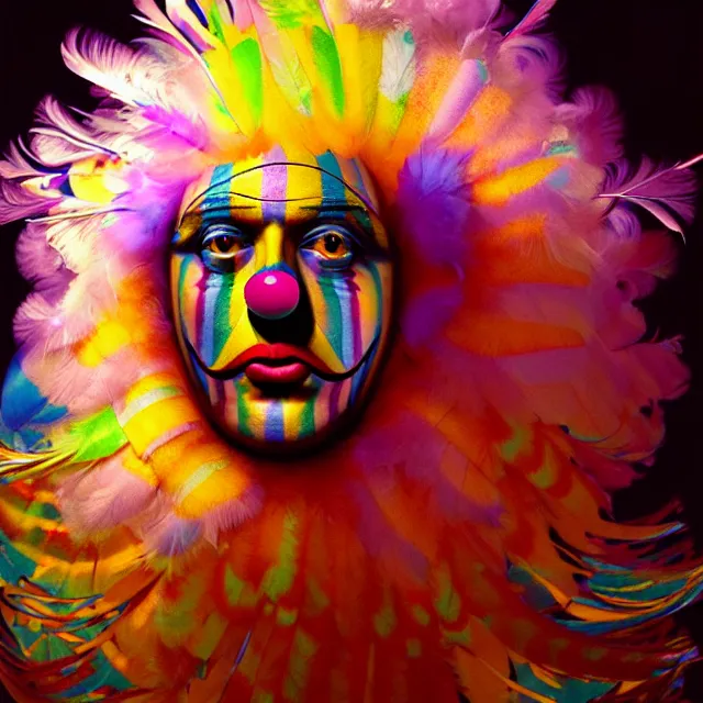 Image similar to face of clown psychedelic transcendent feather mind bending psychedelic balloons of glossy liquid honey flowing like kaleidoscopic translucent holograph, lsd feathers, feathery fluff, enlightenment, high contrast dappled lighting, refracted sunset, highly detailed, concept art, art by collier, albert aublet, krenz cushart, artem demura, alphonse mucha