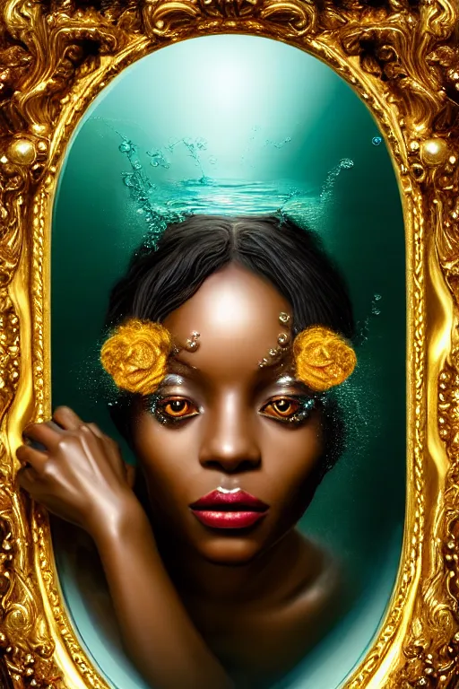 Image similar to hyper realistic neo - rococo cinematic very expressive! black oshun goddess, open eyes, body in water, mirror dripping droplet!, gold flowers, highly detailed face, digital art masterpiece, smooth eric zener cam de leon dramatic pearlescent teal light, ground angle uhd 8 k, sharp focus