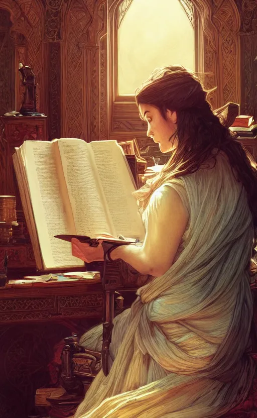 Prompt: portrait of salman rushdie reading, deep focus, d & d, fantasy, intricate, elegant, highly detailed, digital painting, artstation, concept art, matte, sharp focus, illustration, art by artgerm and greg rutkowski and alphonse mucha