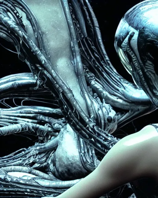 Image similar to film still of kim kardashian being licked by an xenomorph slathered in a transparent alien liquid, wet flowing hair, gooey skin, illustration, unreal engine 5, 8 k, directed by h. r. giger.