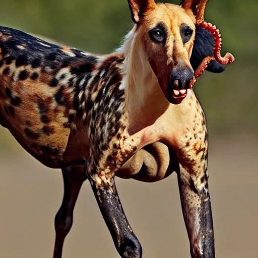 Image similar to National Geographic photo of horse full of octopus being eaten by African hunting dogs