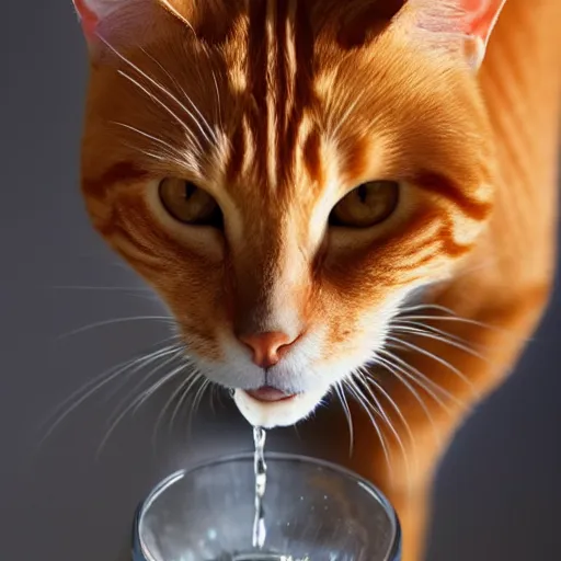 Prompt: a orange tabby cat drinking water in studio lighting close up