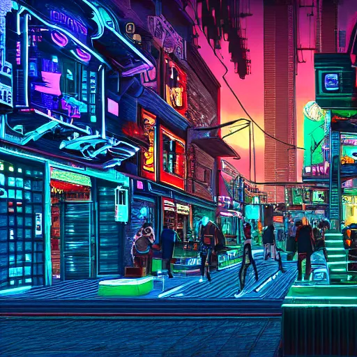 Prompt: extremely detailed image of a cyberpunk town square, sharp focus, neon