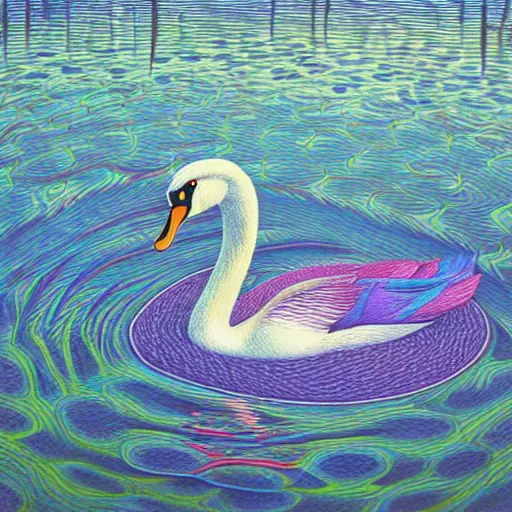 Prompt: colored pencil art on paper, swan seimming in a pond, by casey weldon, highly detailed, artstation, masterpiece, award - winning, caran d'ache luminance