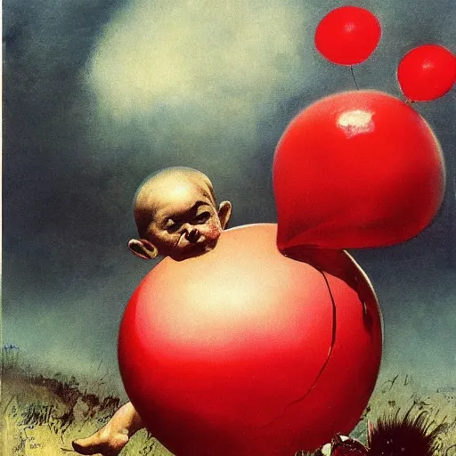 Prompt: portrait of small child with red balloon and his best friend eggplant fish by frank frazetta