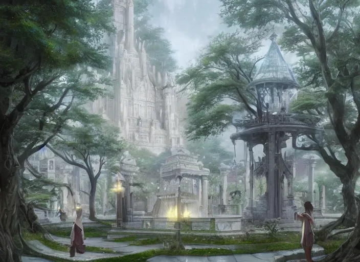 Image similar to A college in a beautiful elven city made of white marble, anime, lush trees, fountain, a fantasy digital painting by Greg Rutkowski and James Gurney, trending on Artstation, highly detailed