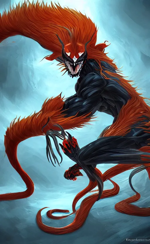 Image similar to venom as the nine tailed fox, kurama, dynamic lighting, photorealistic dark fantasy concept art, trending on art station, stunning visuals, creative, cinematic, ultra detailed