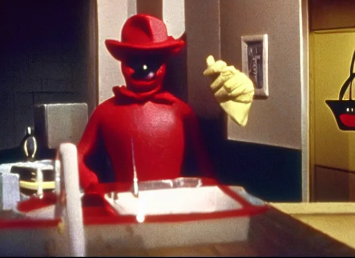 Prompt: film still of hamburglar in a 1 9 8 0 s slasher movie