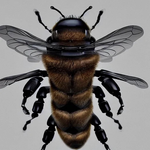 Image similar to a photograph portrait of a humanoid robotic bee, full body, realistic, ultra detailed, atomic weaponry, gigantic pillars, dark fantasy