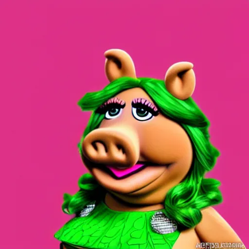 Image similar to miss piggy in the green versace dress, fanart, artstation, detailed, digital art