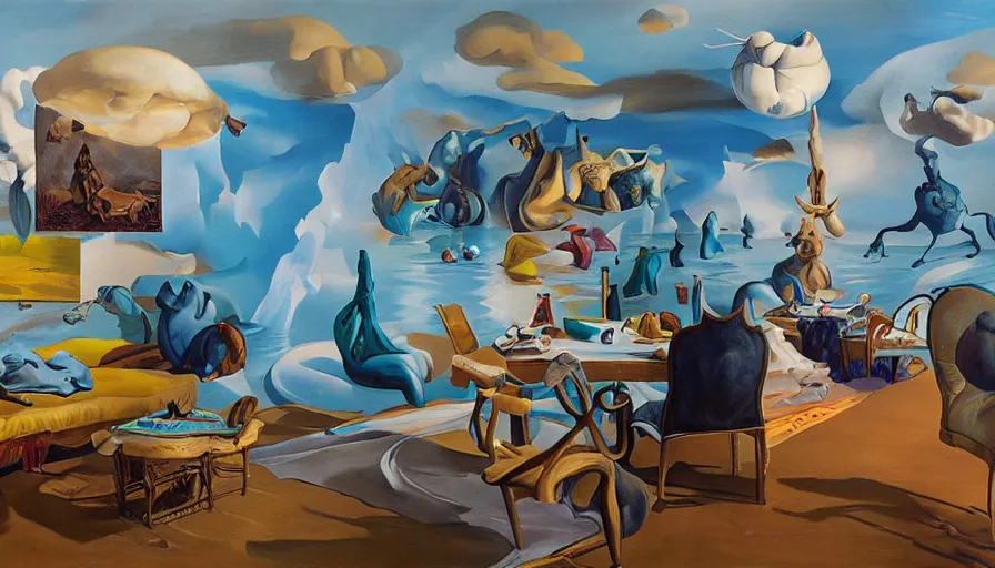 Image similar to RHADS, fever dream, Salvador Dali, party, mural