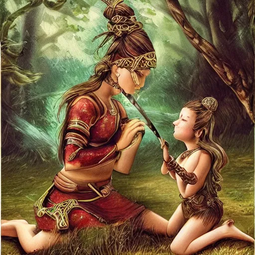 Image similar to sensual girl warrior making a ritual with her daughter in a magical forest, fantasy, highly detailed faces