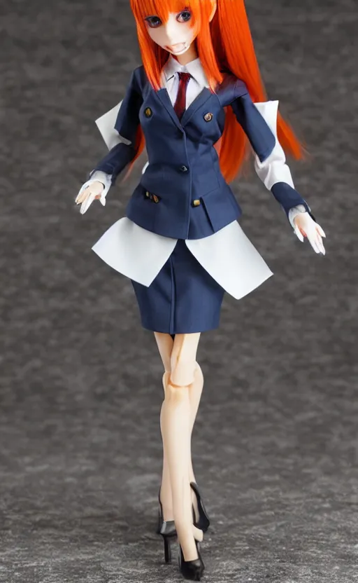 Image similar to dollfie in office suit with skirt, red hair, blue eyes,