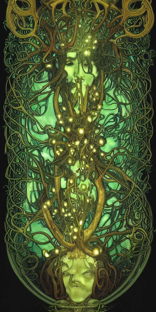 Image similar to intense glowing pagan fungus god with antlers and tentacles and intense glowing eyes and a mossy skull in very dark cosmic space by alphonse mucha and karol bak and h r giger, portrait, fantasy, clear, light beams, lens flare, intense, uhd, amazing depth, cinematic lighting, deep green and black and shining gold