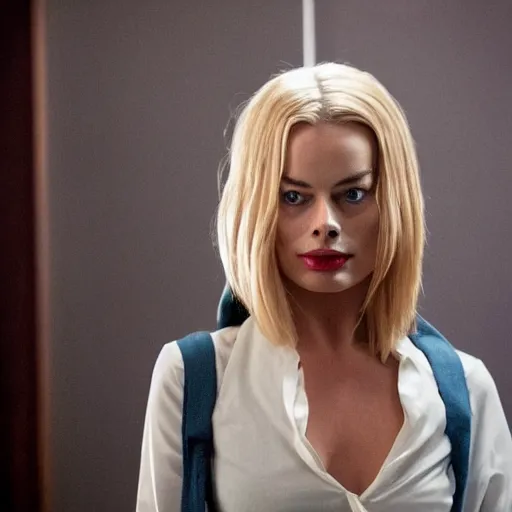 Prompt: movie still with margot robbie as american psycho