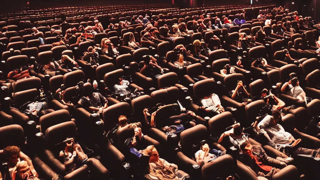 Image similar to people in a busy movie theatre, all wearing vr headsets with art direction by salvador dali, wide lens