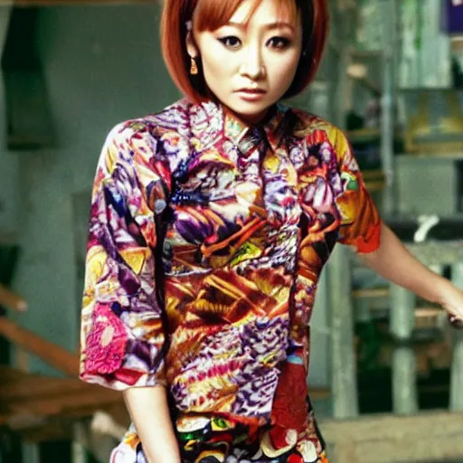 Prompt: Ayumi Hamasaki wearing batik shirt , film still, best scene,