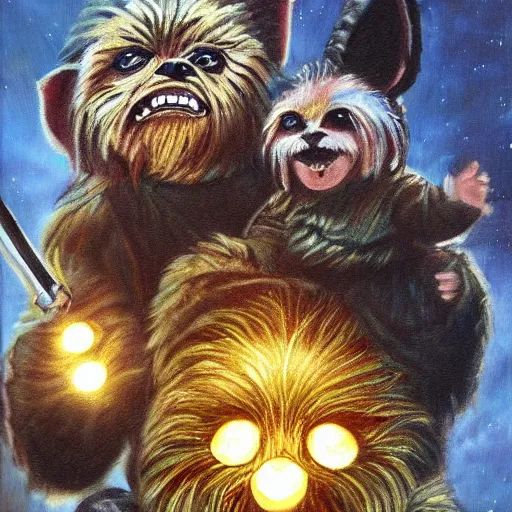 Image similar to a very high detailed painting of teek of the ewoks strar wars, small furry white creatures with pointed ears and glowing black eyes. Also, they had big teeth They like everything shiny and will do anything to get it