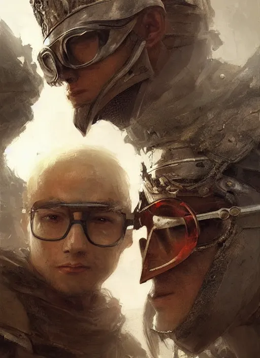 Prompt: digital painting of a knight in armor wearing glasses, and his squire in rags with round glasses, fantasy, portrait, scifi, realistic, detailed, concept art, ruan jia, wlop