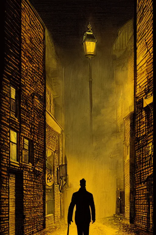 Image similar to portrait of a villain at night, illustration, standing in a gaslit london alleyway, golden fog