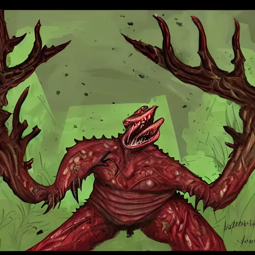 Prompt: big butcher anthropomorphic male lizardfolk posing scarily, scary angry pose, covered in blood, fresh kill, cleaver, in a forest, earie setting, lovecraft, eldritch, horror, hyperdetailed, furaffinity, furry art