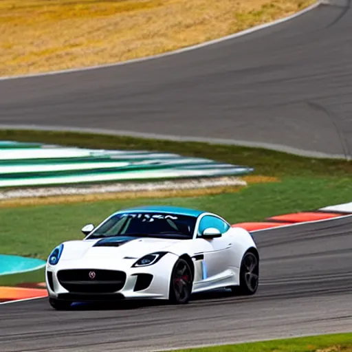 Prompt: a 2 0 1 6 jaguar f - type project 7 driving on a race track