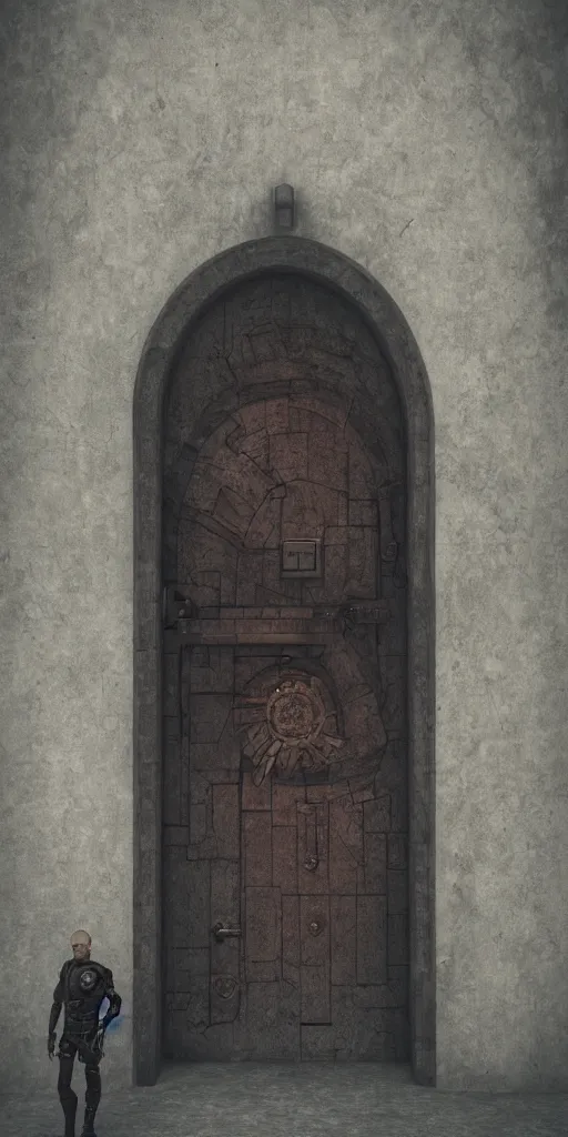 Image similar to huge sci - fi door with medieval ornaments front of a man, sci - fi art, concept art, dark moody colors, 8 k detailed digital art, octane