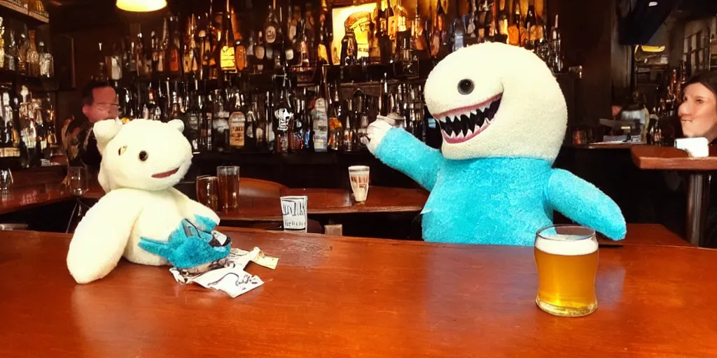 Prompt: Blahaj sitting in a bar ordering a beer, shark, stuffed toy, photo, dim lighting, cute