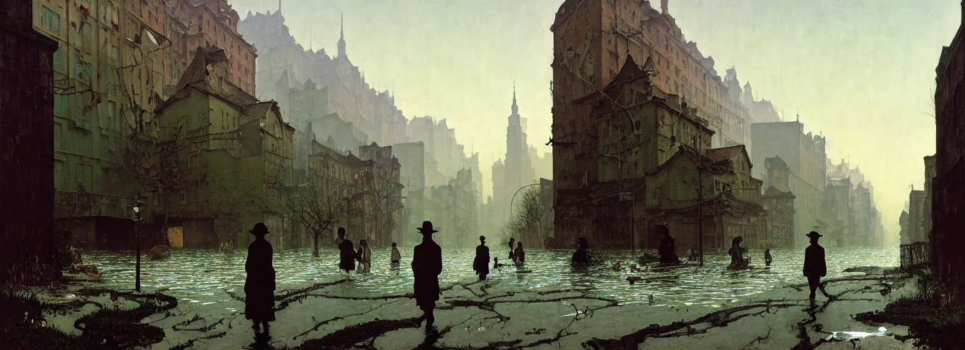 Image similar to flooded old wooden empty cursed city street, very coherent and colorful high contrast masterpiece by norman rockwell rene magritte simon stalenhag carl spitzweg jim burns, full - length view, dark shadows, sunny day, hard lighting, reference sheet white background