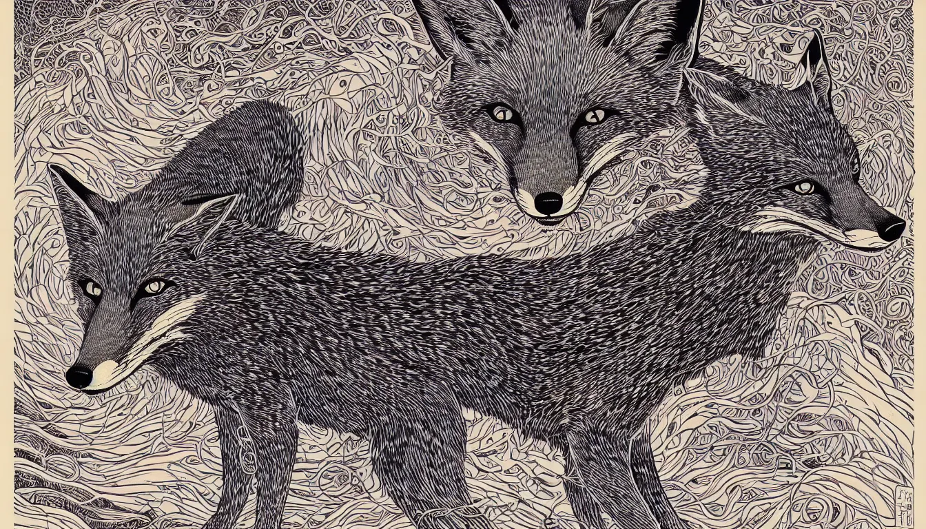 Image similar to fox by woodblock print, nicolas delort, moebius, victo ngai, josan gonzalez, kilian eng