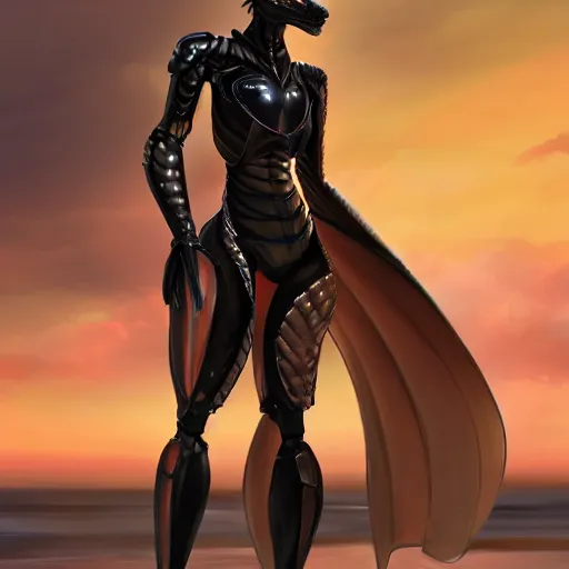 Prompt: full body pose, realistic detailed stunning anthropomorphic female robot dragon doing an elegant pose with hands on hips, sleek streamlined armor and design, on the beach during sunset, high quality, artstation, deviantart, furaffinity
