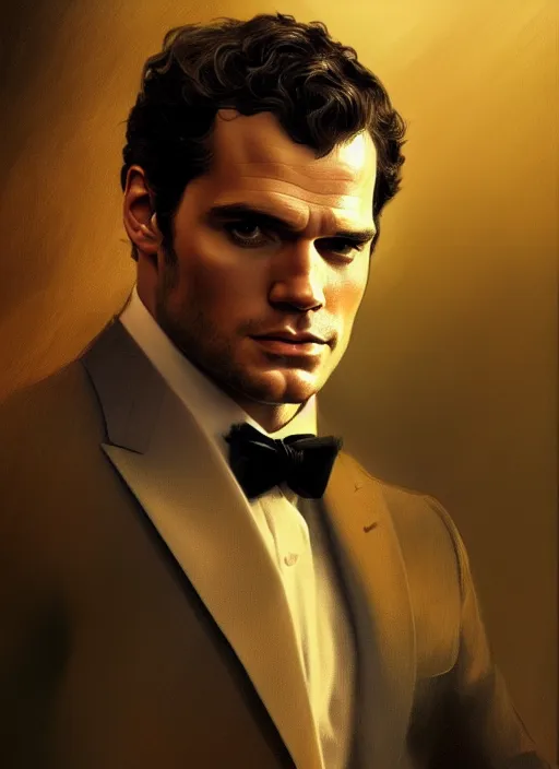 Prompt: portrait of henry cavill as james bond, key art, running, highly detailed, digital painting, artstation, concept art, cinematic lighting, sharp focus, illustration, by gaston bussiere alphonse mucha