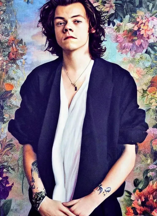 Image similar to Harry Styles, Ethereal, Majestic, Aesthetic, Art Style by Diego Velazquez