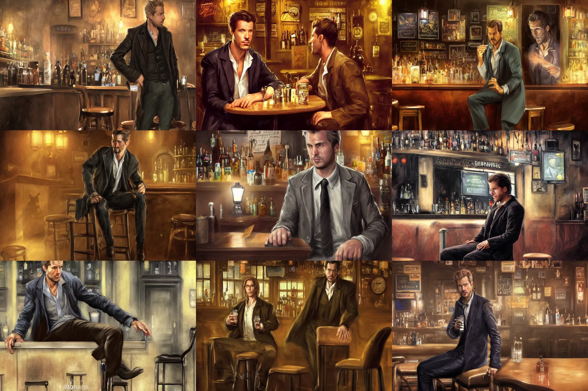 Prompt: matte painting character illustration of john constantine sitting down on a barstool at a dive bar in london drinking, digital painting, illustration, constantine, john singer sargent, magical creatures in the background, amazing values, 8 k, gothic, realistic face details, symmetrical face details, realistically rendered face, photorealistic eyes, moody lighting