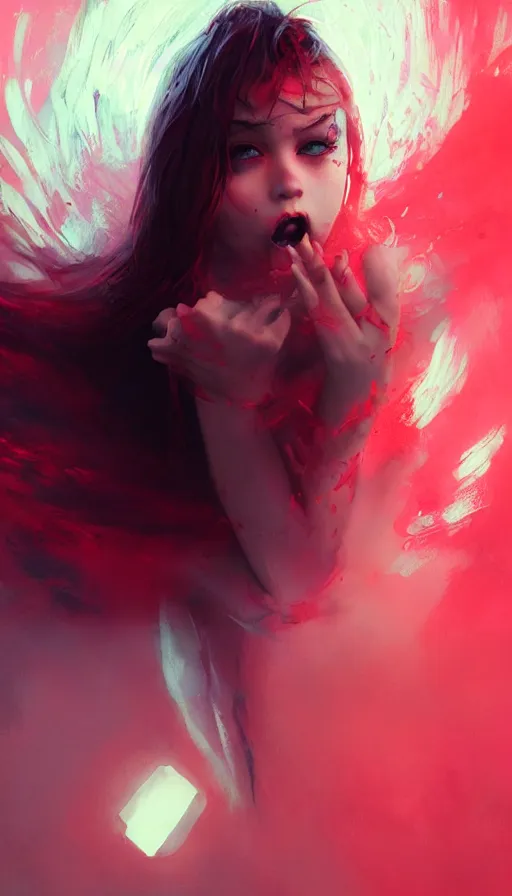 Image similar to shot of singer girl with pouty aerochrome ( ( ( lips ) ) ), powerful, adorable, expressive eyes, big evil grin, kawaii playful pose of a dancer, greg rutkowski, charlie bowater, yuumei, stephen gammell, unreal 5, daz, hyperrealistic, dark, dynamic lighting, fantasy art, beautiful face