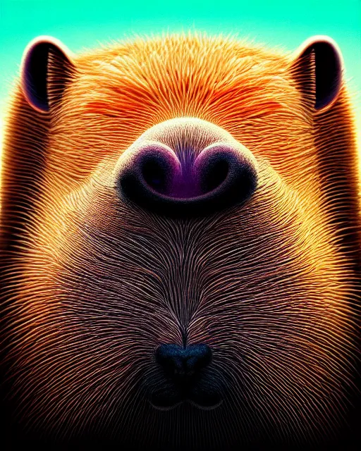 Image similar to vivid color portrait of funny giant cute eyes capybara, intricate abstract. intricate artwork, by tooth wu, wlop, beeple, dan mumford. concept art, octane render, trending on artstation, greg rutkowski very coherent symmetrical artwork. cinematic, key art, hyper realism, high detail, octane render, 8 k, iridescent accents