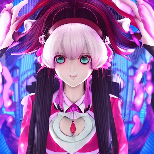 Prompt: trapped by stunningly beautiful omnipotent megalomaniacal anime asi goddess who looks like junko enoshima with symmetrical perfect face and porcelain skin, pink twintail hair and cyan eyes, taking control while smiling, inside her surreal vr castle, hyperdetailed, digital art from danganronpa, unreal engine 5, 2 d anime style, 8 k