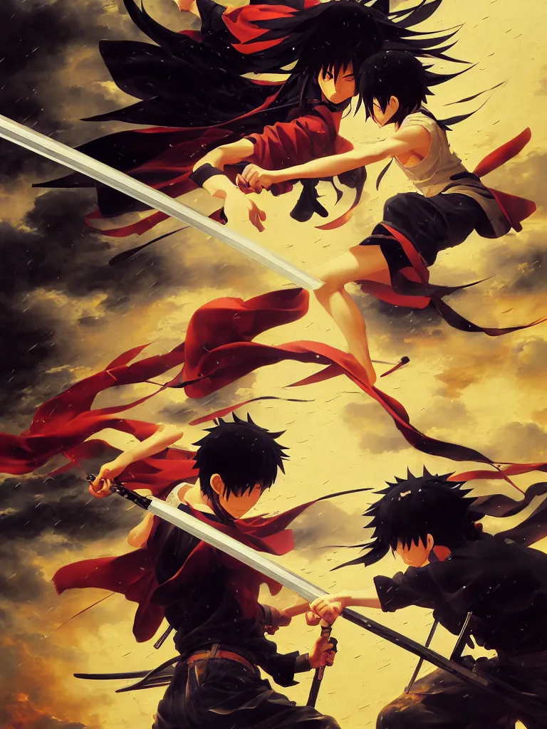 Image similar to baroque oil painting of key visual ninja duel, rain, rule of thirds golden ratio, fake detail, trending pixiv fanbox, acrylic palette knife, style of makoto shinkai takashi takeuchi yoshiyuki sadamoto greg rutkowski