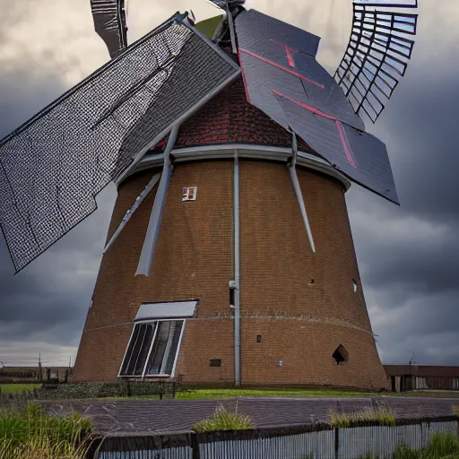 Image similar to cyberpunk alkmaar windmill solarpunk 8 k photo award winning