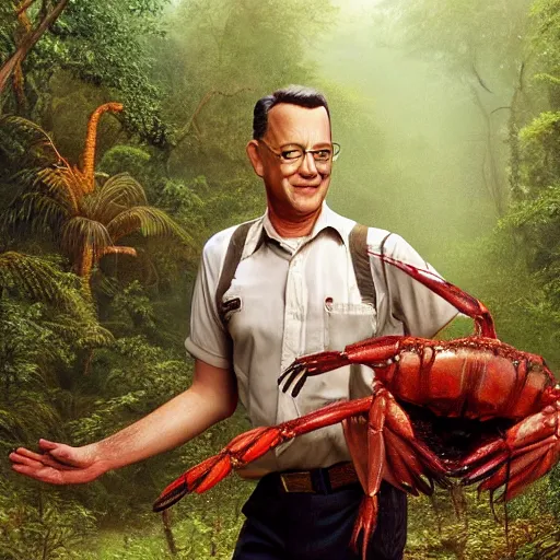 Image similar to Tom Hanks as forrest gump riding a giant shrimp in the jungle, realistic digital painting, photoreailstic, realistic face, amazing detail, sharp