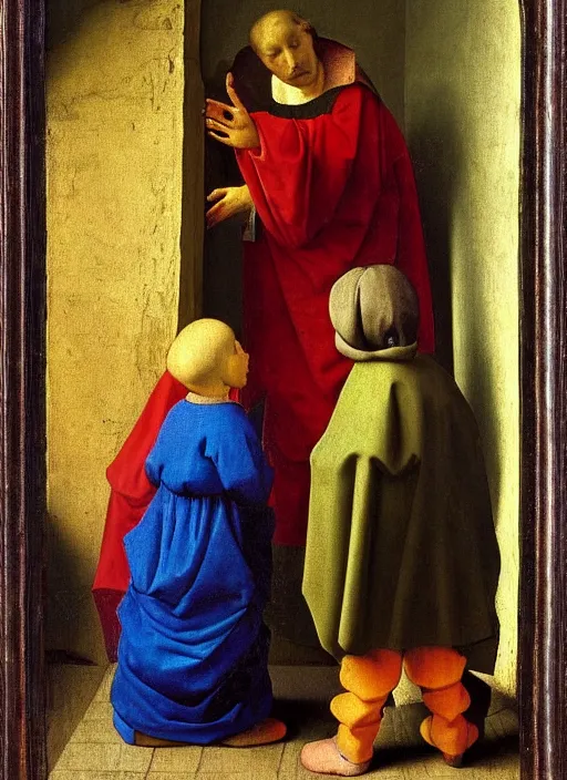 Image similar to Two little brothers meet a young man, medieval painting by Jan van Eyck, Johannes Vermeer, Florence