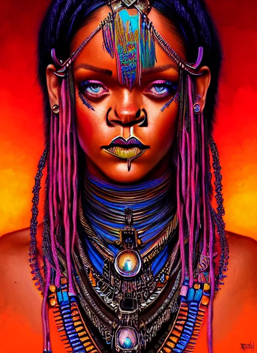 Image similar to portrait of rihanna, hyper detailed ultra sharp aztec shaman warrior. trending on artstation, warpaint aesthetic, bloodwave, colorful, psychedelic, ornate, intricate, digital painting, concept art, smooth, sharp focus, illustration, art by artgerm and greg rutkowski and h. r. giger, 8 k