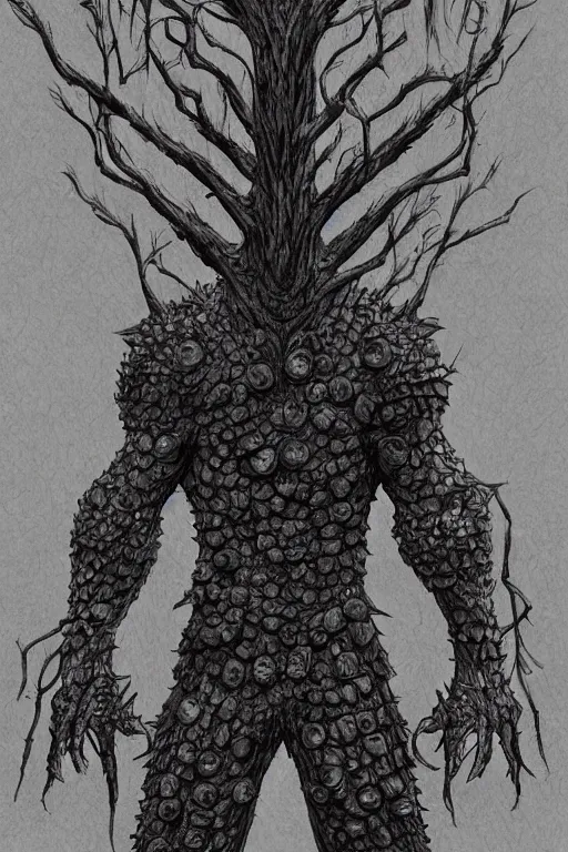 Image similar to armoured tree human figure monster, symmetrical, highly detailed, digital art, tree armour, sharp focus, trending on art station, kentaro miura manga art style