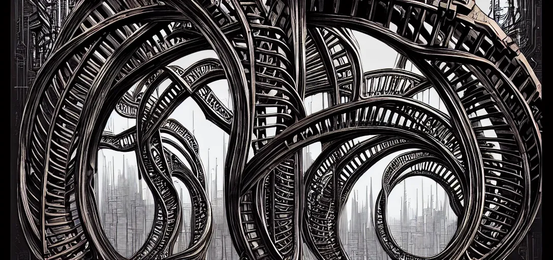 Image similar to a double helix dna cyberpunk steampunk carved archway, high details, lineart, by vincent di fate and joe fenton, inking, screen print, masterpiece, trending on artstation, sharp, high contrast, hyper - detailed, ultrawide, hd, 4 k, 8 k