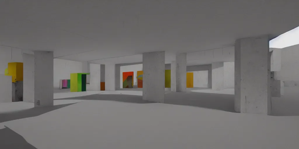 Image similar to coloured 3 d octane model of a brutalism art gallery, highly detailed