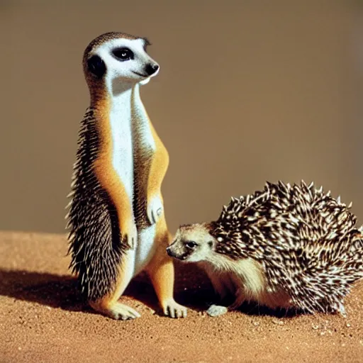 Image similar to meerkat with hedgehog drinking coffee, cinematic, kodachrome