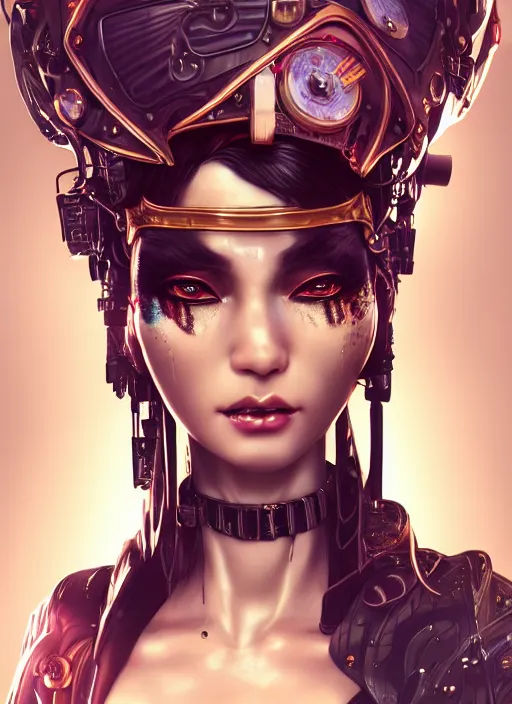 Image similar to soft lustrous ebony geisha seductive raver gutter punk steampunk cyborg, yakuza, golden ratio, details, scifi, fantasy, cyberpunk city, intricate, decadent, highly detailed, octane render, digital painting, artstation, concept art, sharp focus, illustration, art by artgerm, loish, wlop